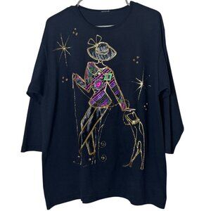 Vintage 80s Art Top Glam Woman Dog Graphic Metallic Shoulder Pads 3/4 Sleeve XL